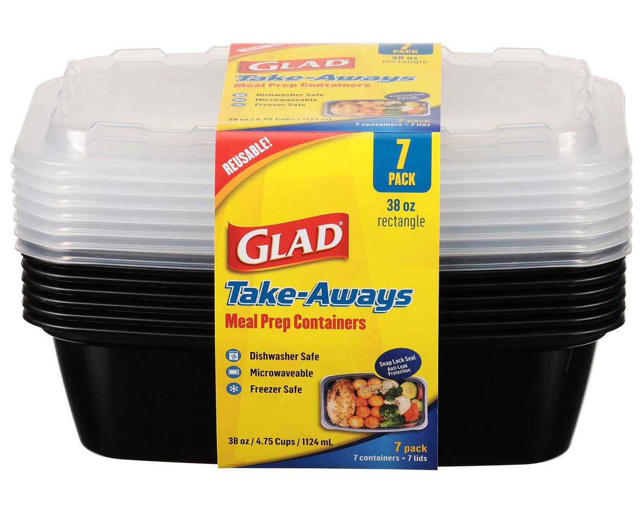 Glad Take-Aways Meal Prep Containers, Rectangle, 38 Ounce, 7 Pack