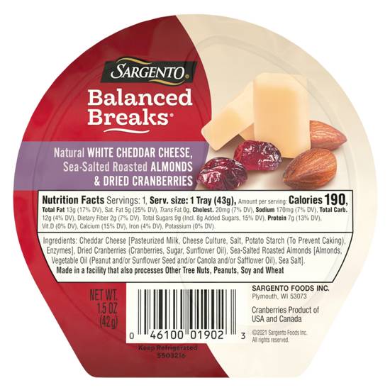 Order Sargento Balanced Breaks Sharp White Cheddar with Almond & Cranberry 1.5oz food online from Everyday Needs by Gopuff store, Norfolk on bringmethat.com