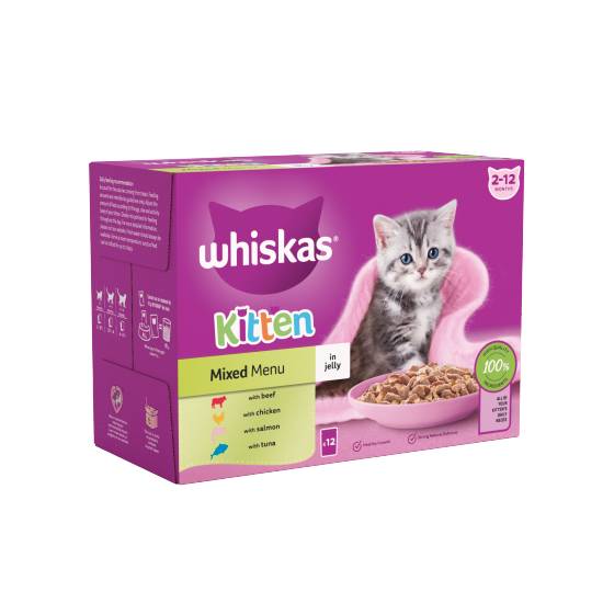 Whiskas Beef, Chicken, Salmon, Tuna, Kitten Mixed Menu Wet Cat Food Pouches in Jelly (12 pack)