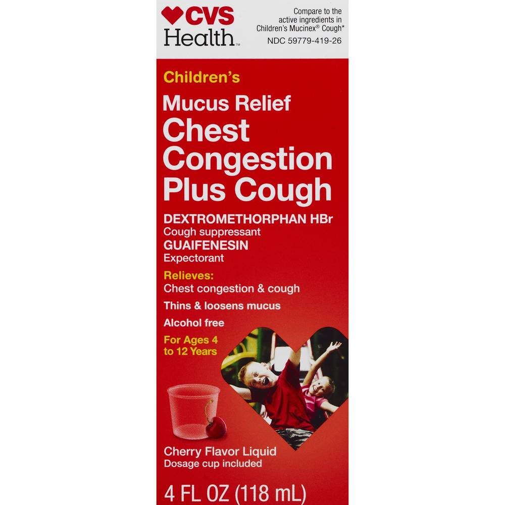 CVS Health Children's Mucus Relief Chest Congestion + Cough Liquid, Cherry, 4 OZ