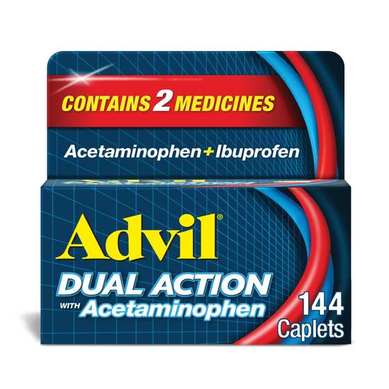Advil Dual Action Coated Caplets with Acetaminophen, 250 Mg Ibuprofen and 500 Mg Acetaminophen Per Dose (2 Dose Equivalent) for 8 Hour Pain Relief - 144 Count