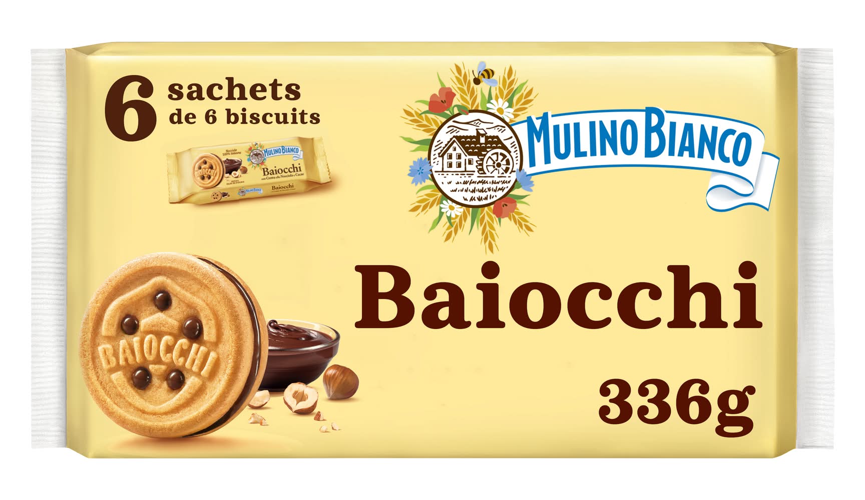 Mulino Bianco - Biscuits baiocchi, crème aux noisettes-cacao (6 x 6)