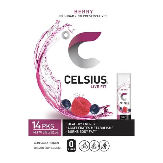 Celsius Berry On-the-Go Energy Powder Stick Packs, Zero Sugar, 14 CT
