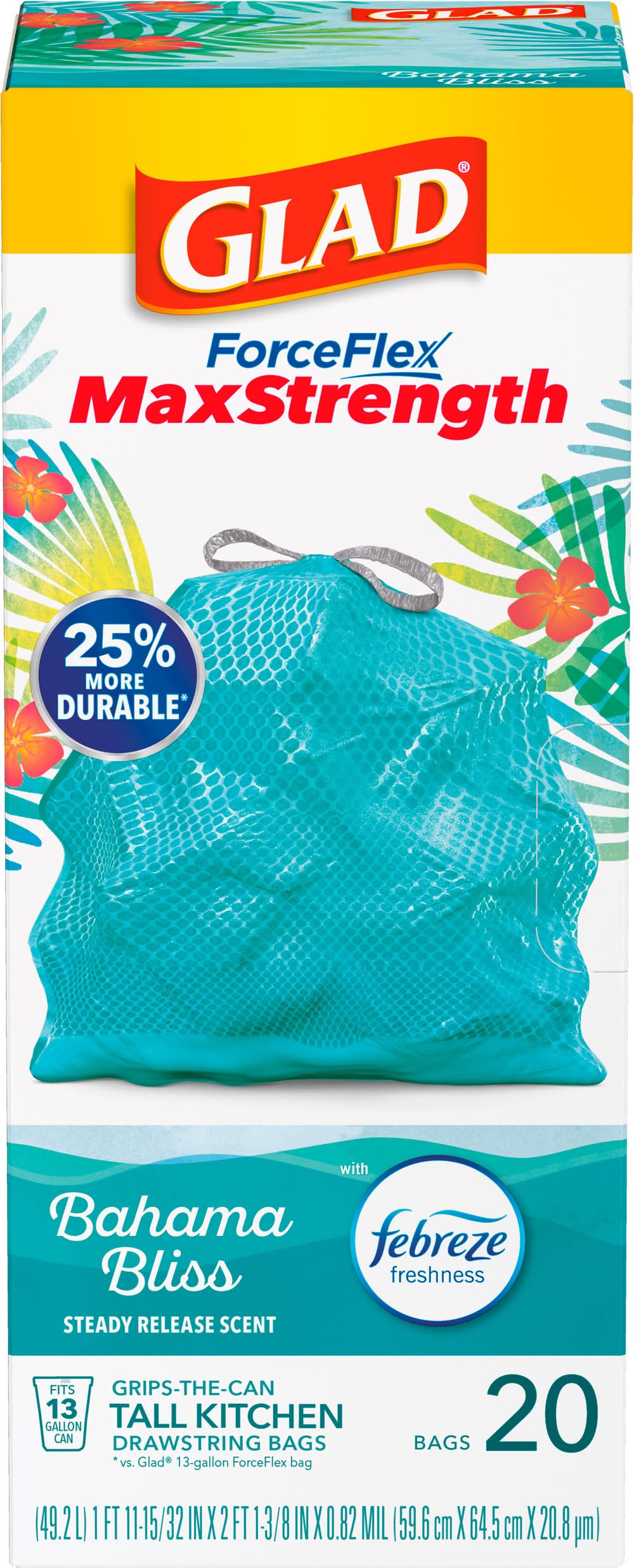 Glad Forceflex Maxstrength Tall Kitchen Drawstring Trash Bags 13 Gal, Bahama Bliss, (20 ct)