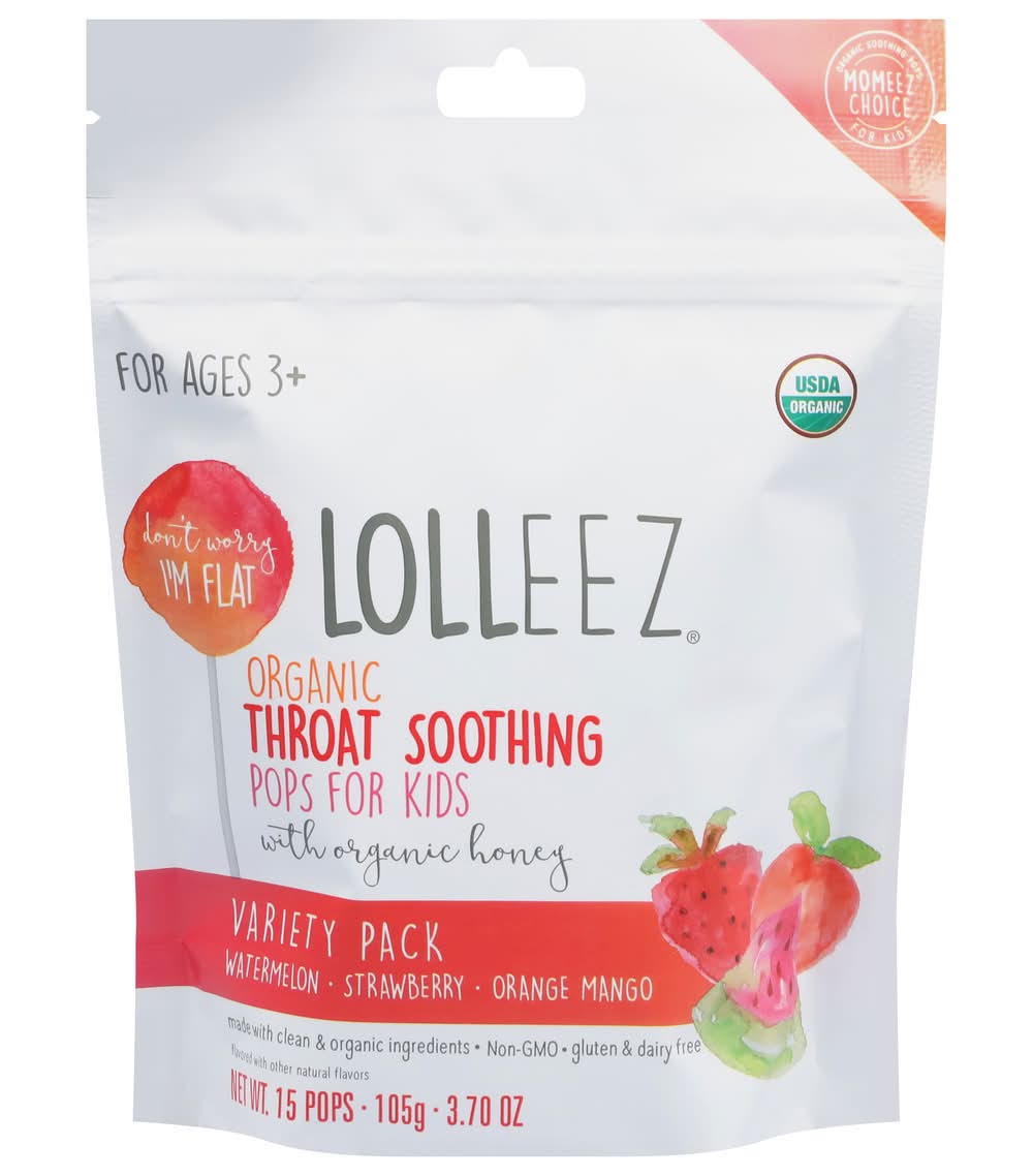 Lolleez Organic Throat Soothing Pops For Kids Variety pack, Watermelon-Strawberry-Orange Mango, 3+ Years (3.7 oz, 15 ct)