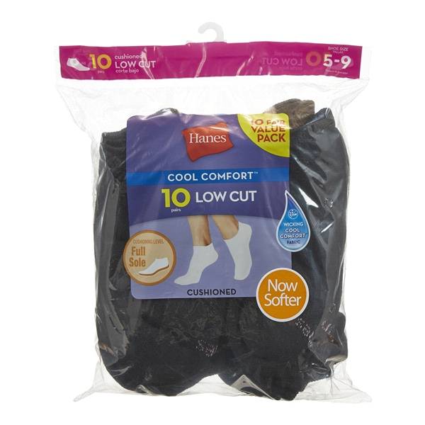 Hanes Cushioned Women's Low-Cut Athletic Socks, Black, 10 Pack, Size 5-9
