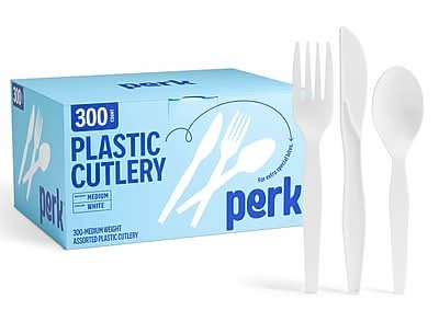 Perk™ Polystyrene Assorted Cutlery, Medium-Weight, White, 300/Pack (PK56406)