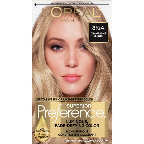 L'Oreal Paris Superior Preference Fade-Defying Shine Permanent Hair Color, 81/2A Champagne Blonde