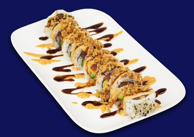 Salmon Crunch Roll Unagi Sauce and Spicy Mayonnaise.