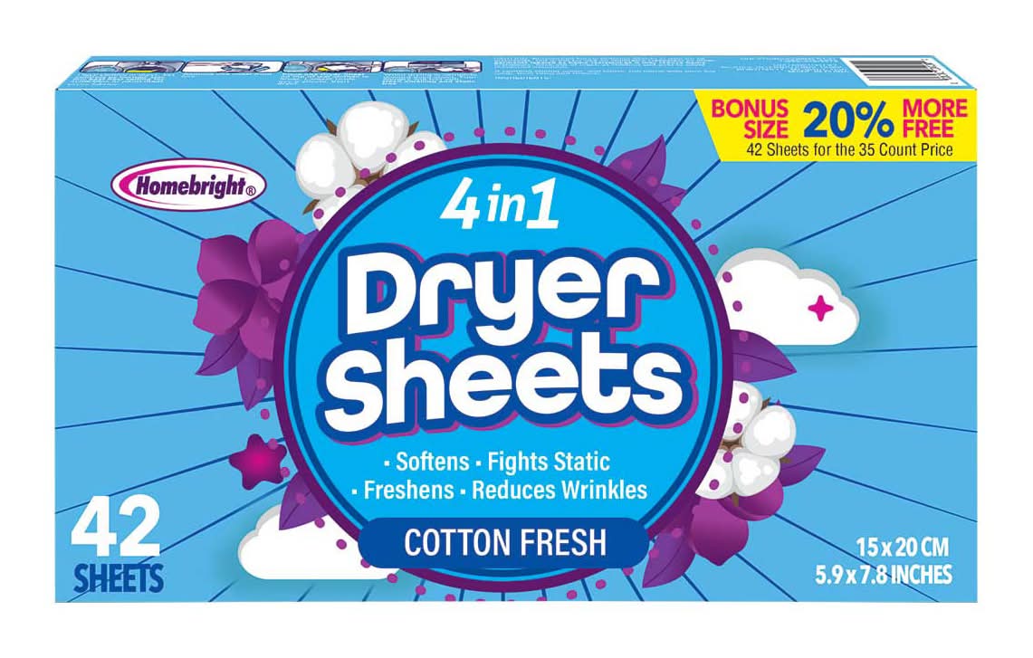 Homebright 4 In 1 Dryer Sheets Cotton Fresh, 5.9x7.8 in (42 ct)