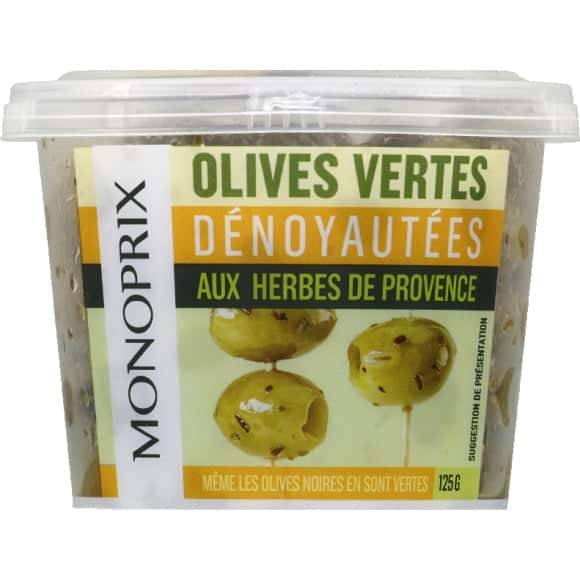 Monoprix Olives Vertes Dénoyautées Aux Herbes De Provence Le Pot De 125 G