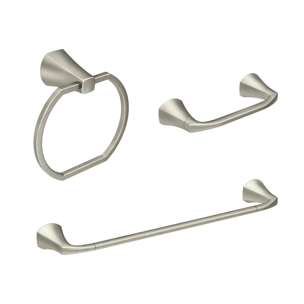 Moen 3-Piece Lindor Brushed Nickel Decorative Bathroom Hardware Set with Towel Bar,Toilet Paper Holder and Towel Ring | MY8793BN