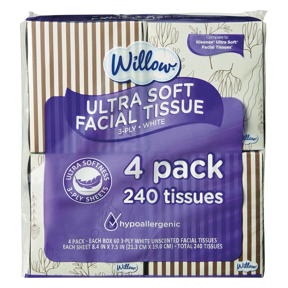 Willow 3 Ply Ultra Soft Hypoallergenic Facial Tissues, 8.4x7.5 in, White (4 ct)