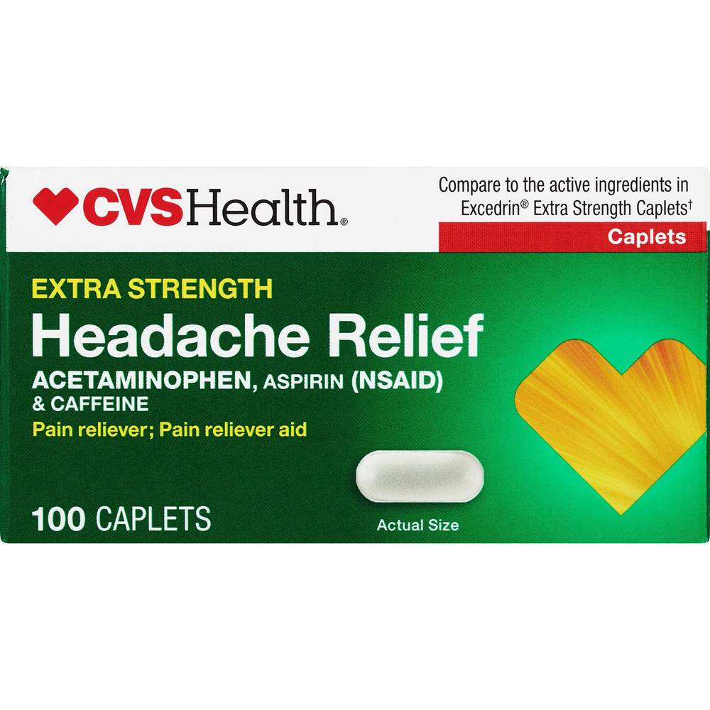 Cvs Health Extra Strength Headache Relief Acetaminophen, Aspirin (Nsaid) & Caffeine Caplets, 100 Ct