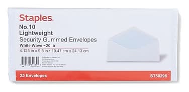 Staples Security Tinted #10 Business Envelope, 4 1/8 x 9 1/2, White, 25/Pack