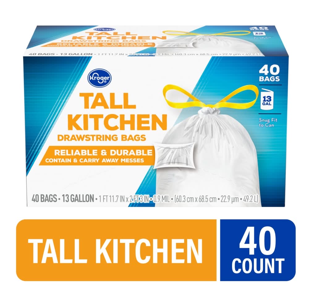 Kroger Tall Kitchen Drawstring Trash Bags 13 Gal, 60.3x68.5 cm (40 ct)