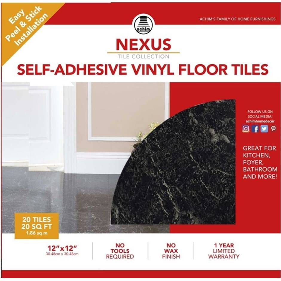 Achim Marble Self Adhesive Vinyl Floor Tiles, 12x12 in, Black (20 ct)