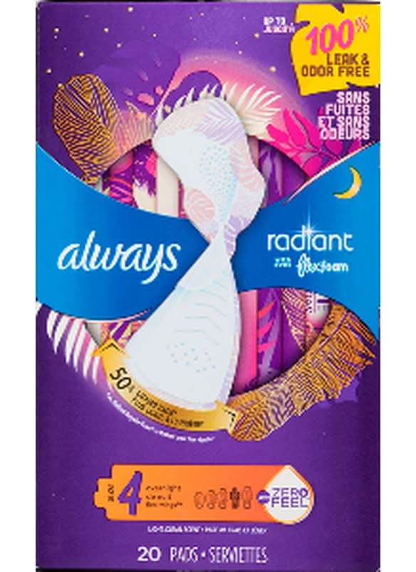 Always Radiant Overnight Sanitary Pads With Wings, Women, 4 (20 ct)