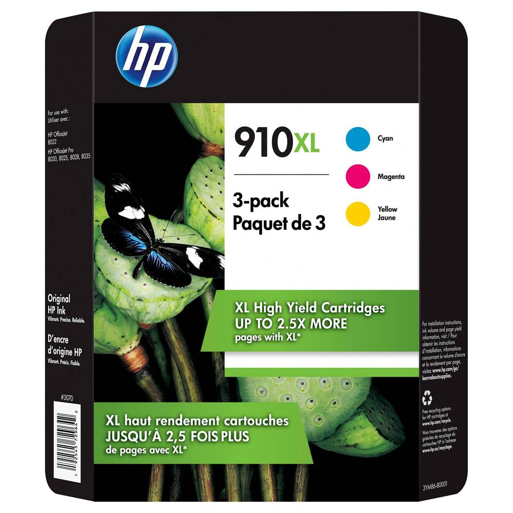 HP 910High Yield Ink Cartridge, Cyan Magenta Yellow (3 ct)