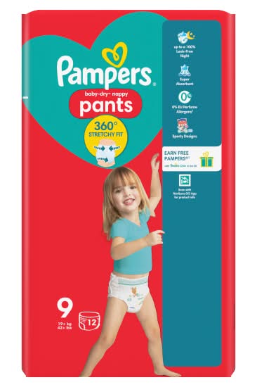 Pampers 9, Baby-Dry Nappy Pants (12 pack)