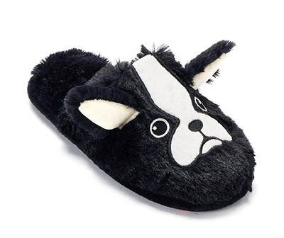 Women's Black & White Dog Faux Fur Slippers (xlarge/black)