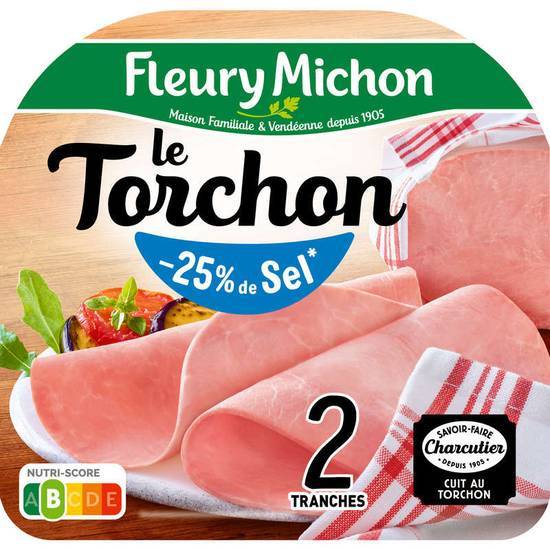 Fleury Michon Jambon - Le Torchon - Taux de sel réduit - 2 tranches fines 80g