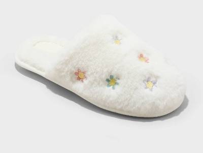Kids' Pippa Embroidered Flower Slippers - Cat & Jack™ Cream XL: Slip-On, Indoor/Outdoor, Backless