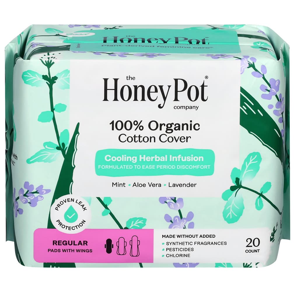 The Honey Pot Organic Cotton Cover Cooling Herbal Infusion Pads, Mint-Aloe Vera-Lavender (20 ct)
