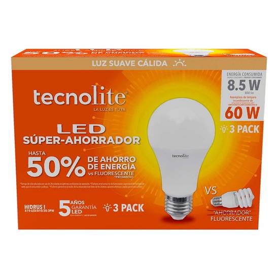 Tecnolite foco led luz suave cálida 8.5w (paquete 3 piezas)