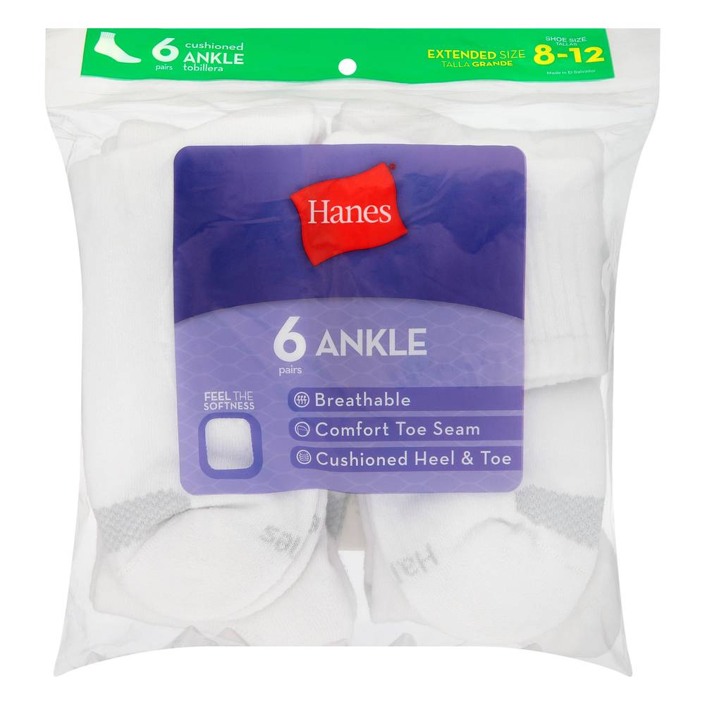 Hanes Shoe Ankle Cushioned Socks, 8-12, White (6 ct)