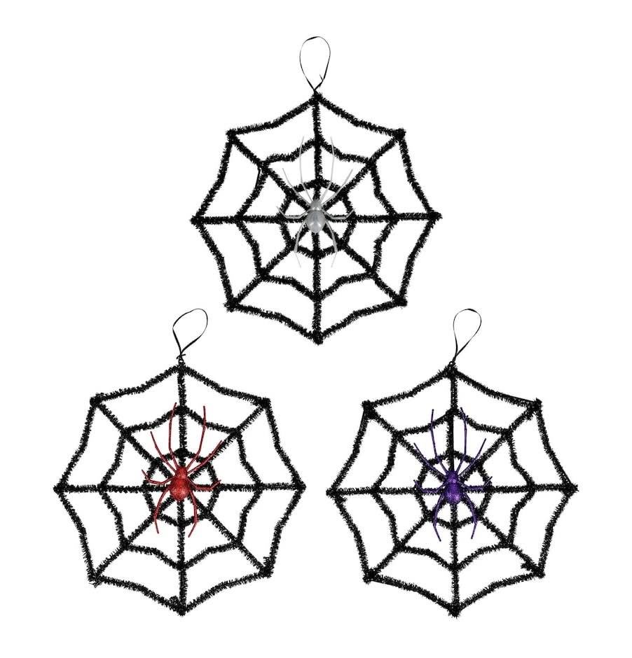 Halloween Tinsel Web With Spider Decorations, 16 in, Assorted