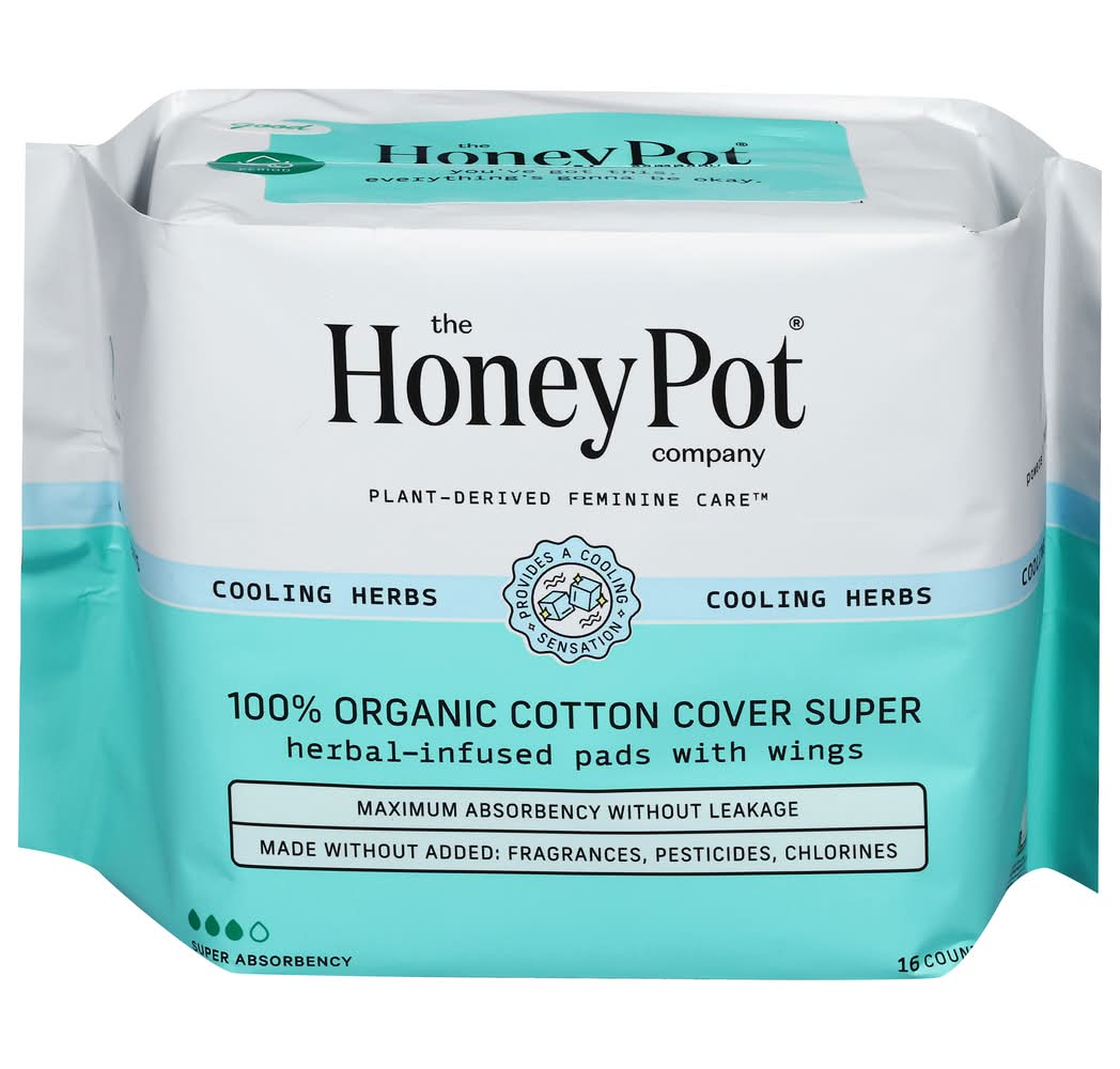 The Honey Pot 100% Organic Cotton Cover Cooling Herbal Infusion Super Pads, Mint-Aloe Vera-Lavender (16 ct)