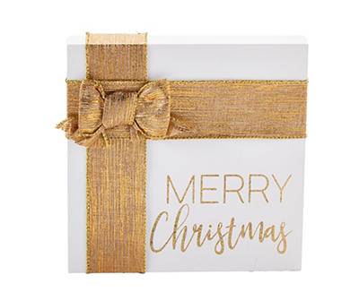 "Merry Christmas" Gold Ribbon Box Plaque