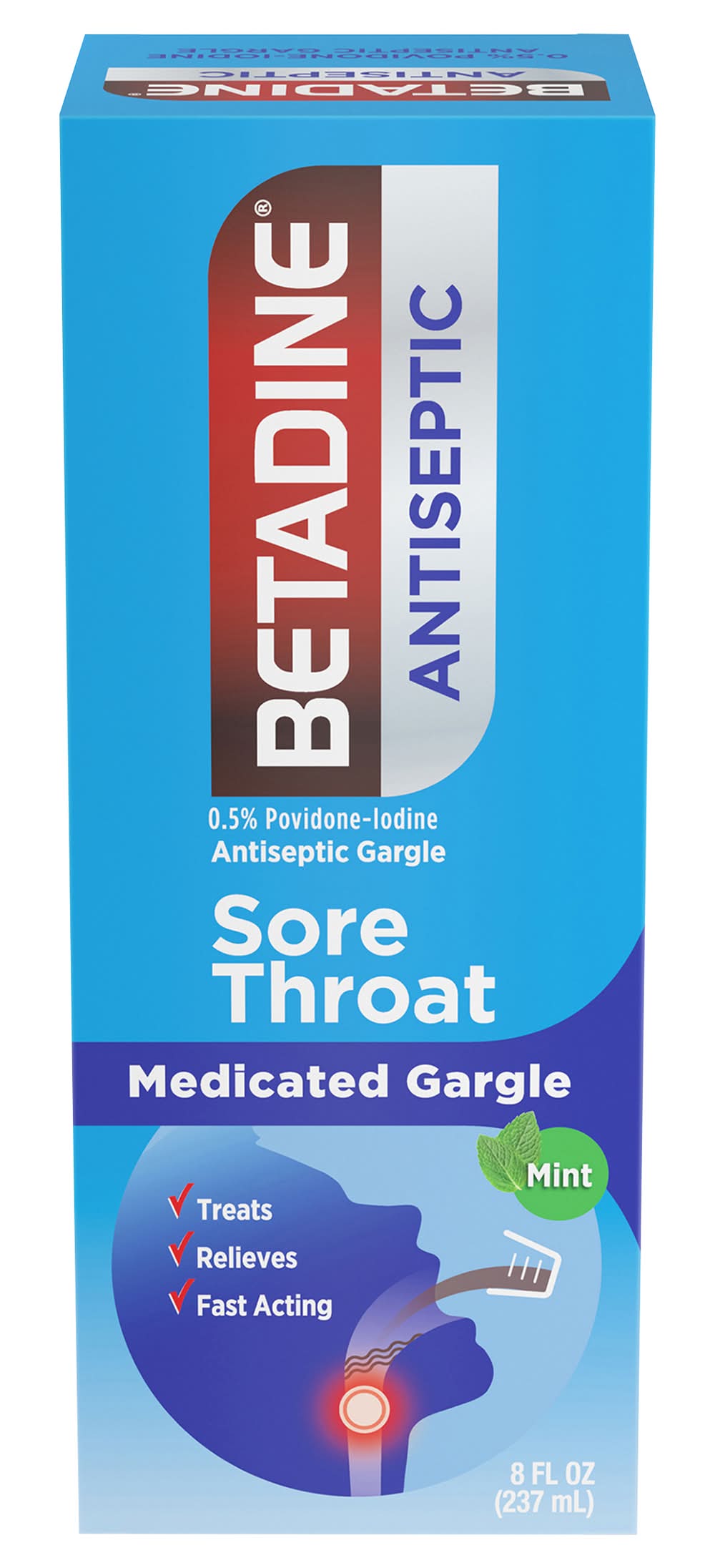 Betadine Mint Sore Throat Gargle Cold & Flu Medicines, Mint (8 fl oz)