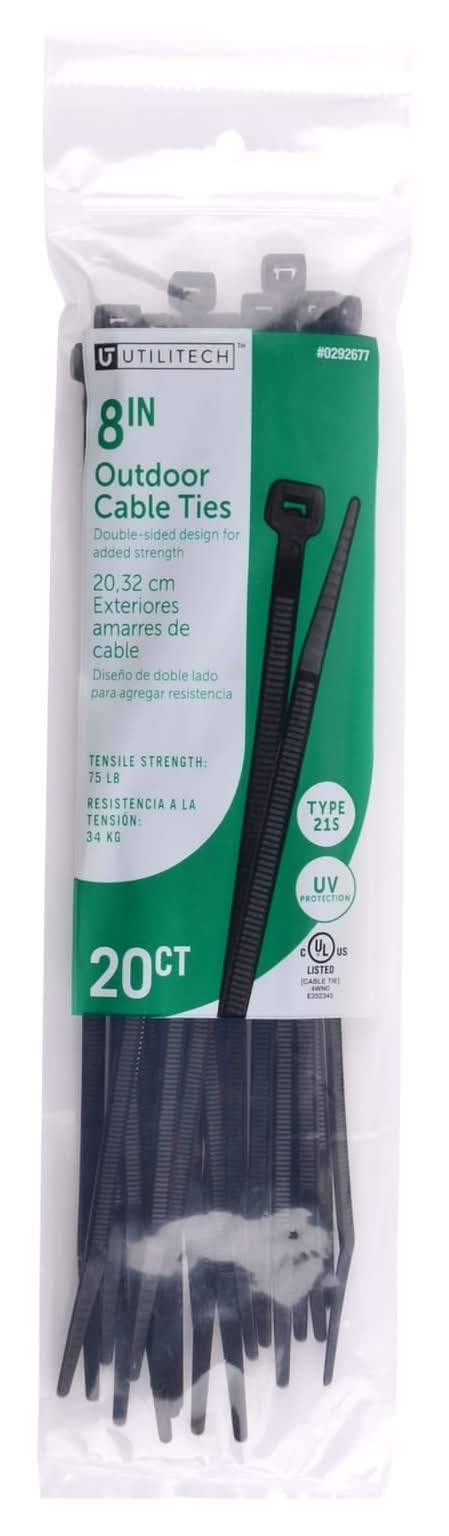 Utilitech 8-in 75-lb Tensile Strength Nylon Zip ties Black with UV Protection 20 -Pack