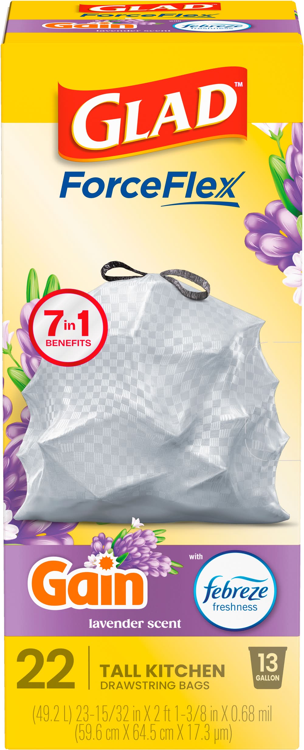 Glad Forceflex Tall Kitchen Drawstring Trash Bags 13 Gal, Gain Lavender, Black/White (22 ct)