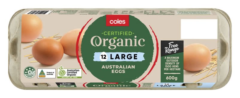 Coles Organic Australian Eggs, L (600g, 12 pack)