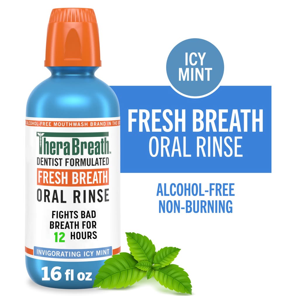 TheraBreath Fresh Breath Oral Rinse Mouthwash, Invigorating Icy Mint (16 fl oz)