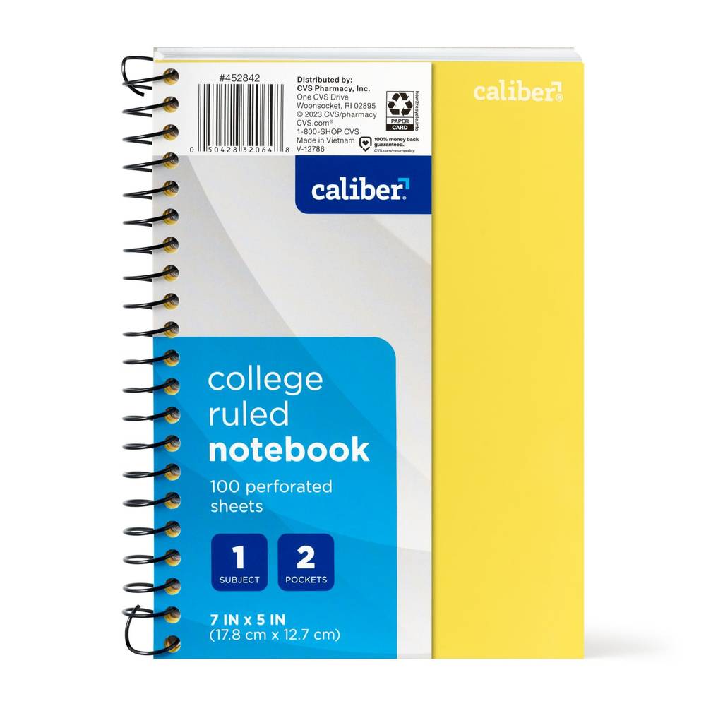 Caliber 1 Subject Notebook College Ruled, 7In X 5In, Assorted