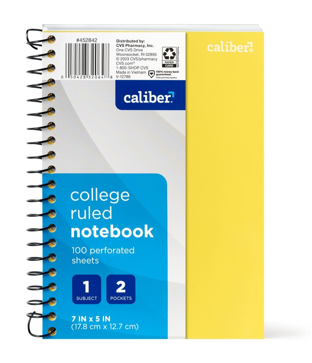 Caliber 1 Subject Notebook College Ruled, 7In X 5In, Assorted