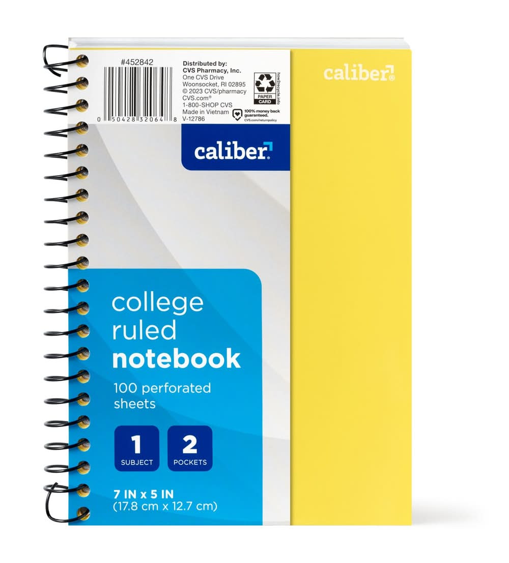 Caliber 1 Subject Notebook College Ruled, 7In X 5In, Assorted