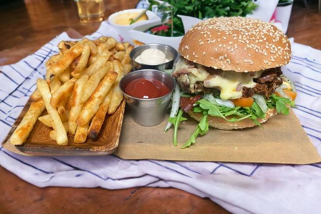 BURCHAK BURGER MEAL (with fries and a can soda)