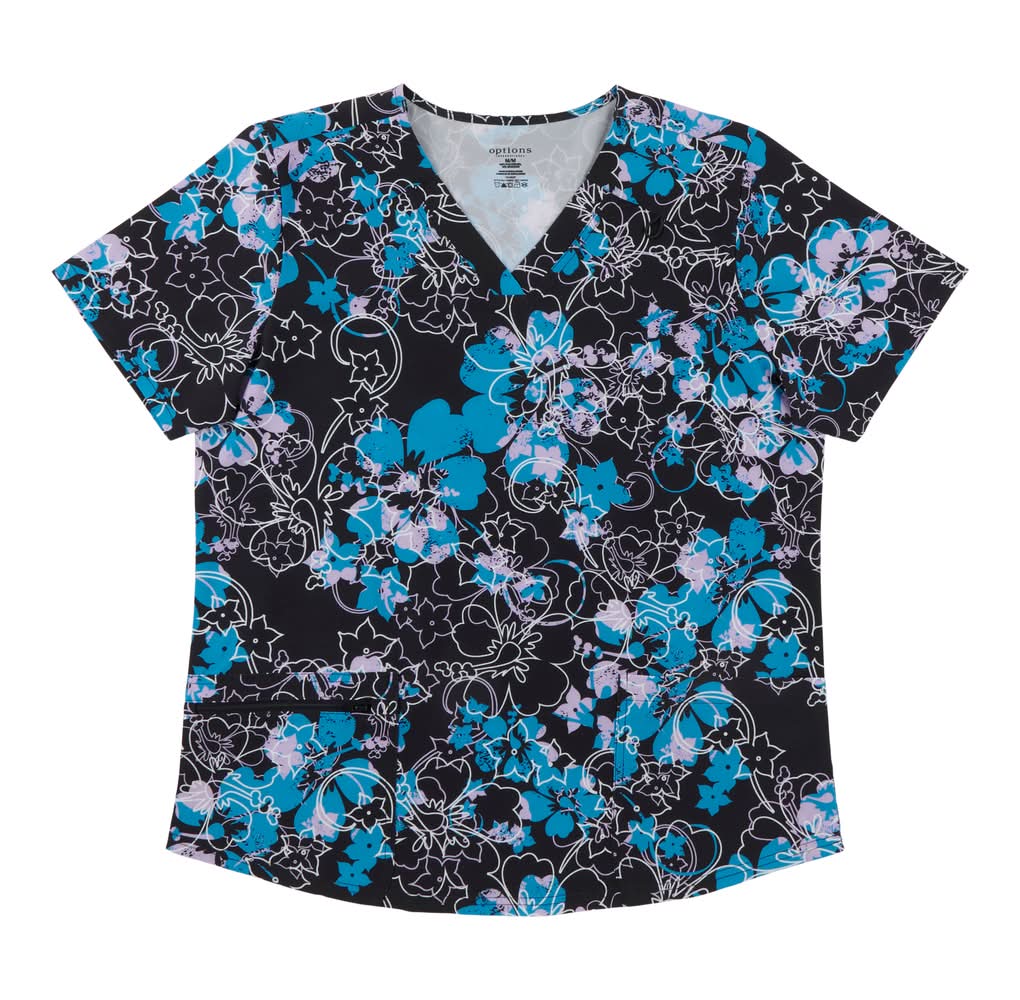 Haut d'uniforme imprimé à manches courtes Options pour femmes (M, Floral noir FL1)
