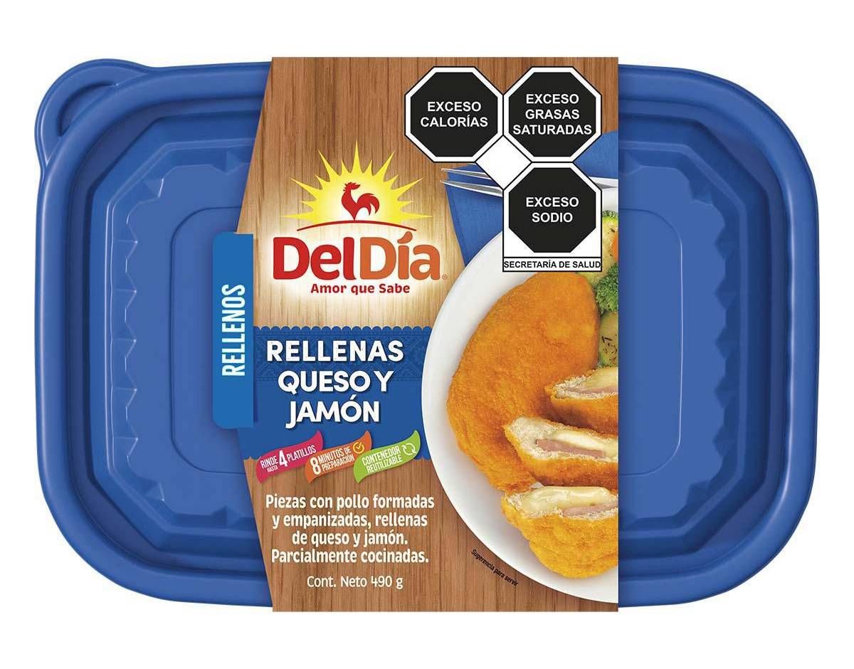 Del Día · Piezas con pollo formadas y empanizadas rellenas de queso y jamón (490 g)