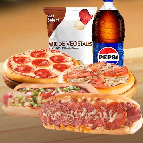 Combo Amigos - 2 Pizzas personales y 2 hot dogs premium + Pepsi 2litros