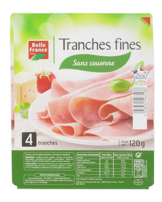 Jambon cuit sup dd x 4 tranches fines bf barq 120g