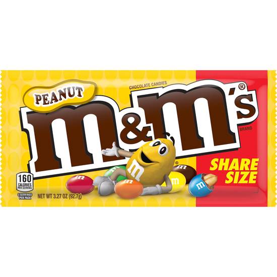 M&M'S Peanut Milk Chocolate Candy, Share Size, 3.27 oz Bag