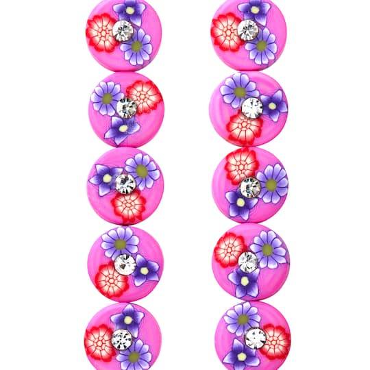 Pink Flower Rhinestone Clay Lentil Beads, 10Mm By Bead Landing