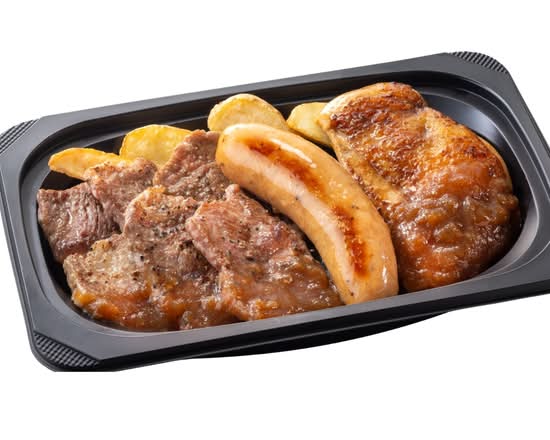 (おかず)やわらかカットステーキ約120g＆ジャンボフランク＆炭焼き風チキングリル