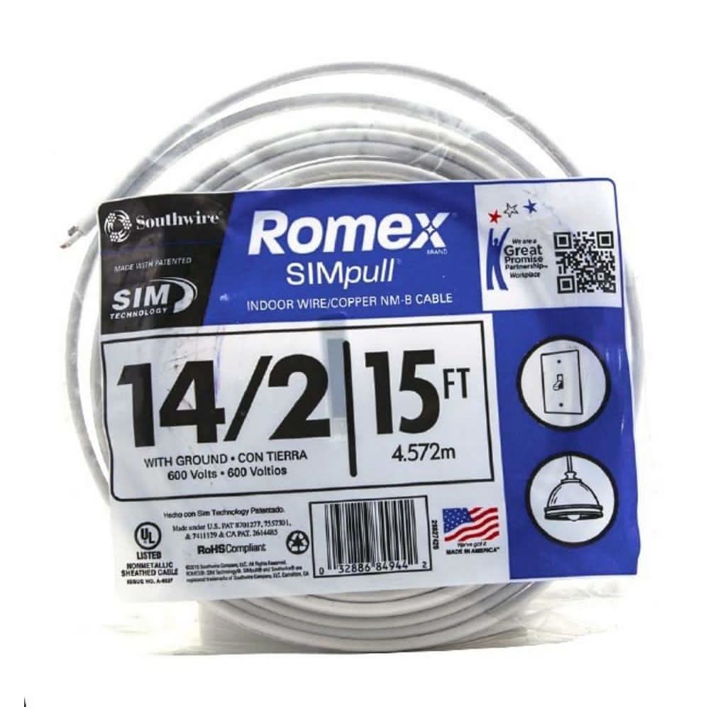 Southwire 15 Ft. 14/2 Solid Romex Simpull Cu Nm-B W/G Wire